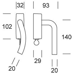 l curved window handle + cylinder 20 mm