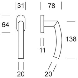 window handle curved + cylinder 20 mm